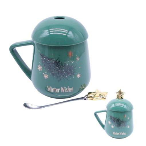 Imagen de TAZA NAVIDAD VERDE C/TAPA Y CUCHARA ESTRELLA 400ML